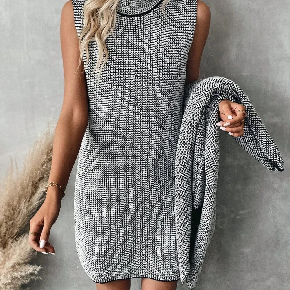 Multicolor Casual Women's Long Sleeve Cardigan & Stand Collar mini dress set - Picture 8 of 8